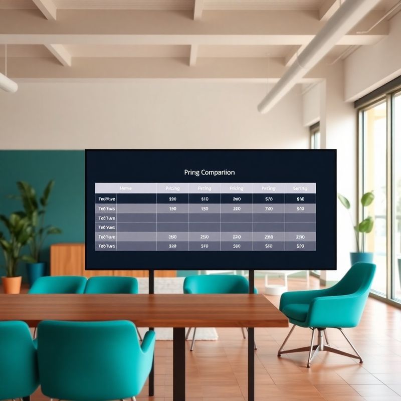 Panel comparativo de precios minimalista mostrado en una pantalla grande en una oficina moderna