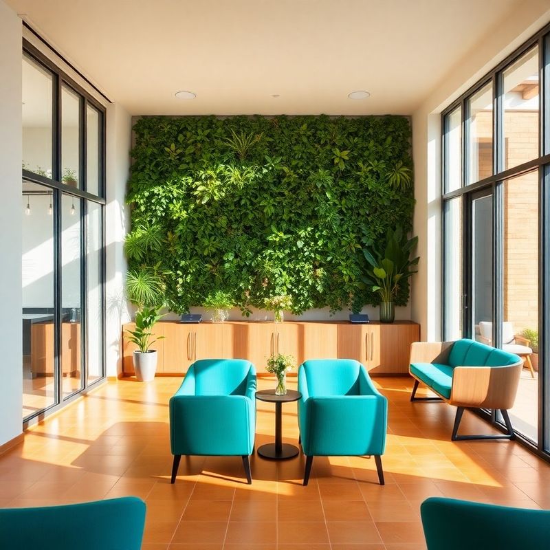Recepción moderna con pared vegetal y sillas de acento en tono turquesa iluminada por luz natural