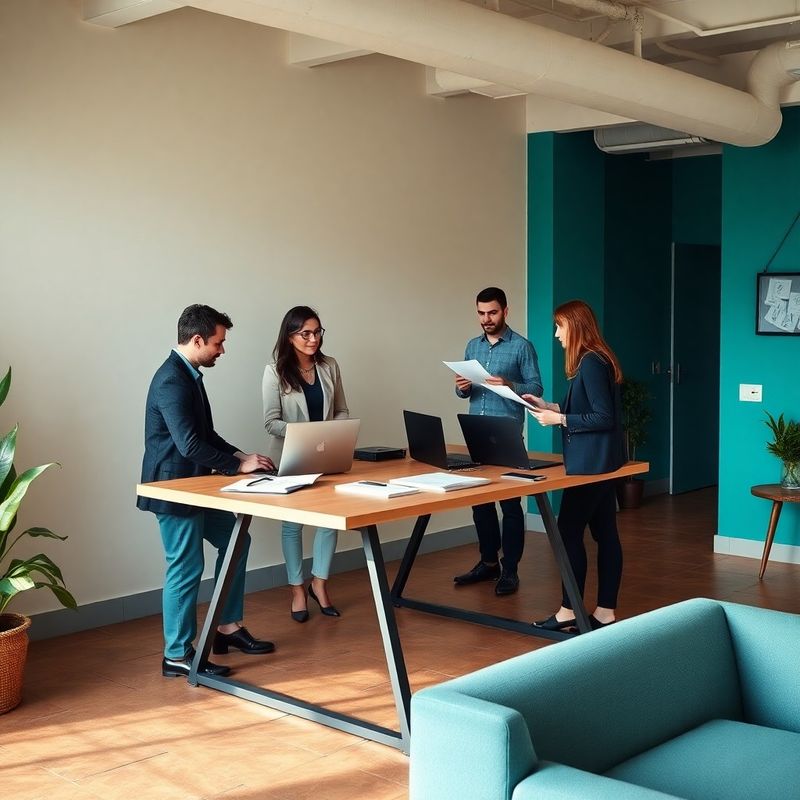 Equipo de cuatro personas colaborando alrededor de un escritorio en un estudio abierto de Bilbao