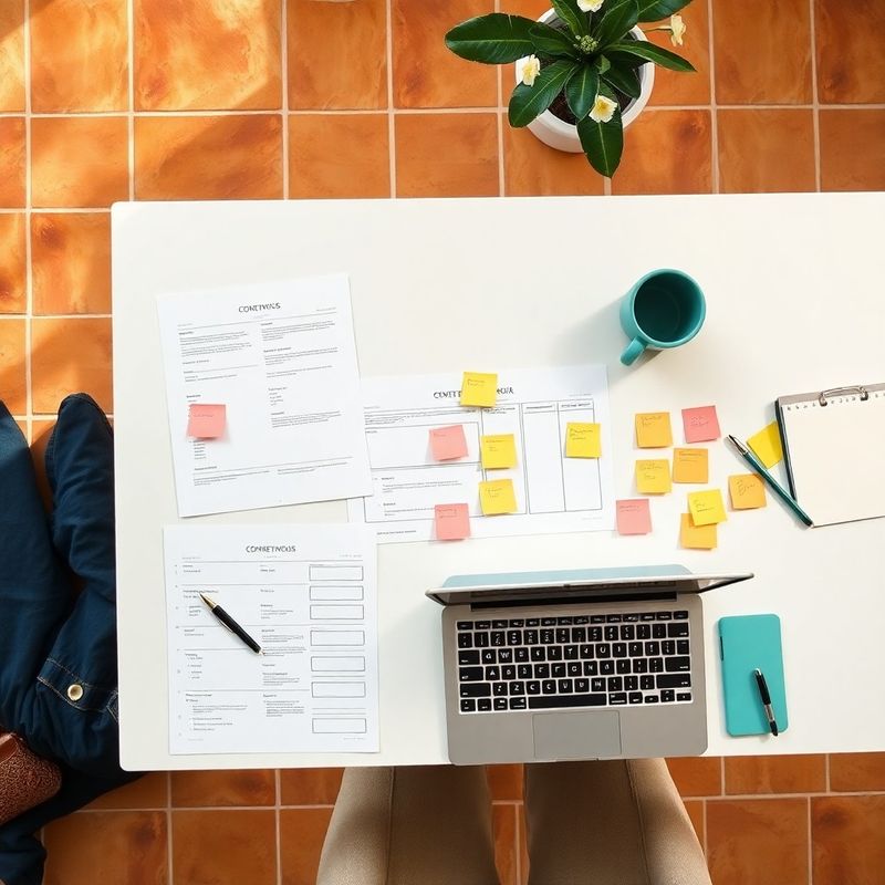 Vista cenital de documentos de flujo de trabajo, notas y un portátil con un calendario editorial